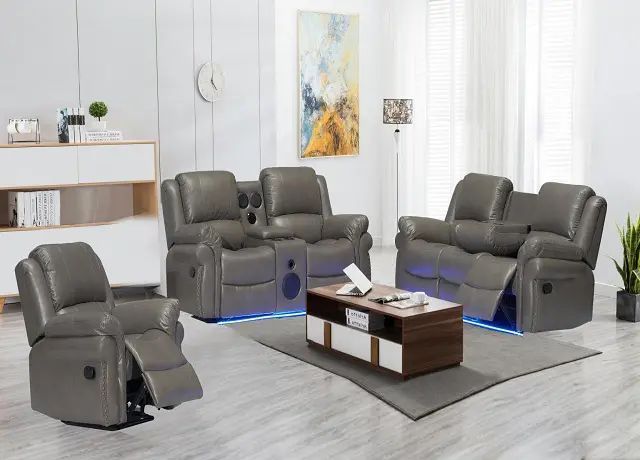 Cesar Grey Sofa Set w/Bluetooth Speakers & Led Light