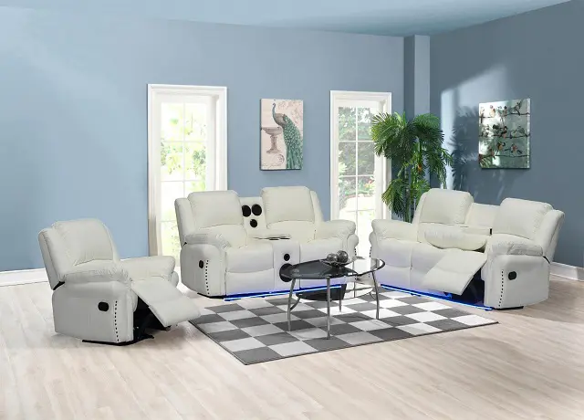 Cesar White Sofa Set w/Bluetooth Speakers & Led Light