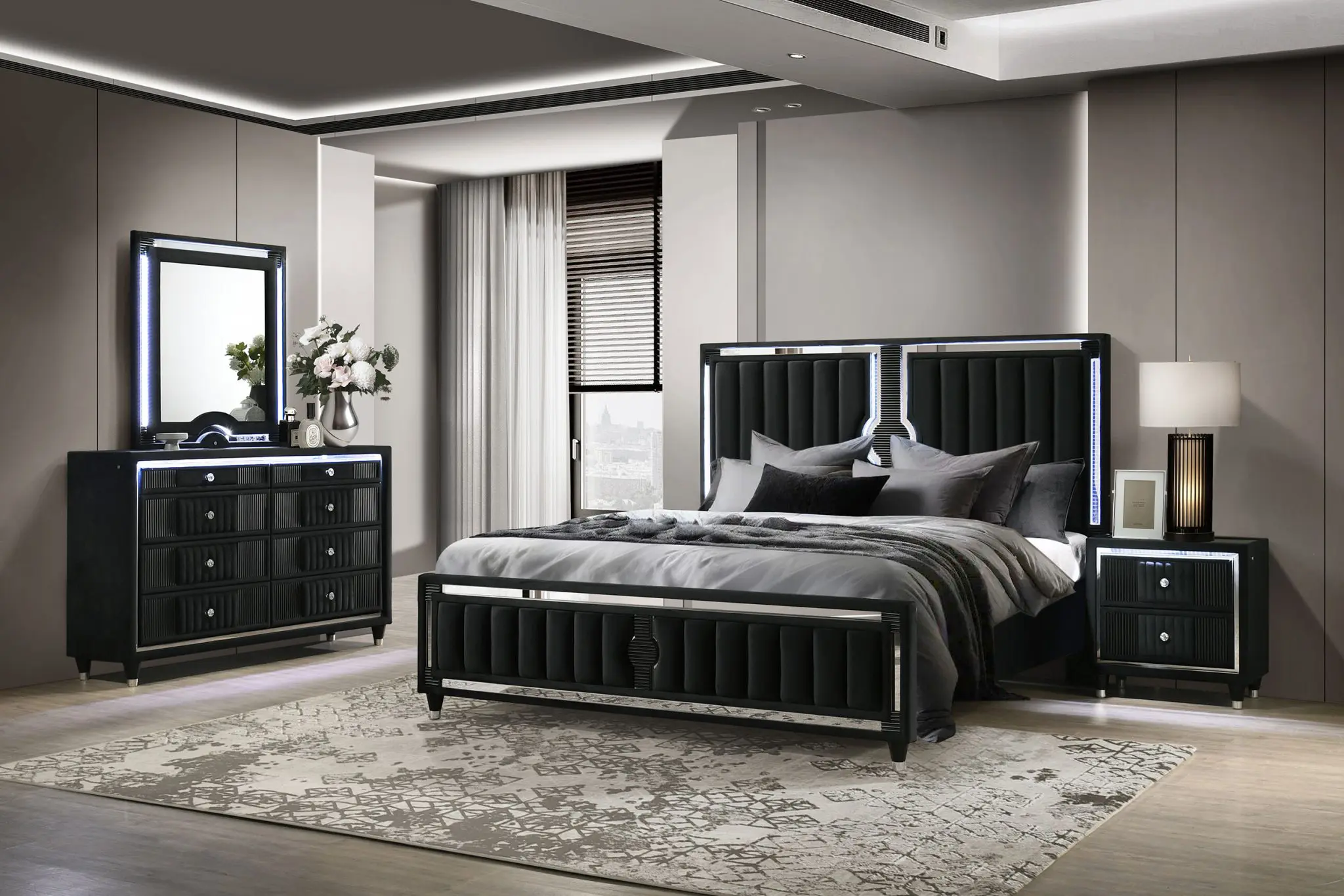 Ravenne Velvet Upholstered LED Bed Black