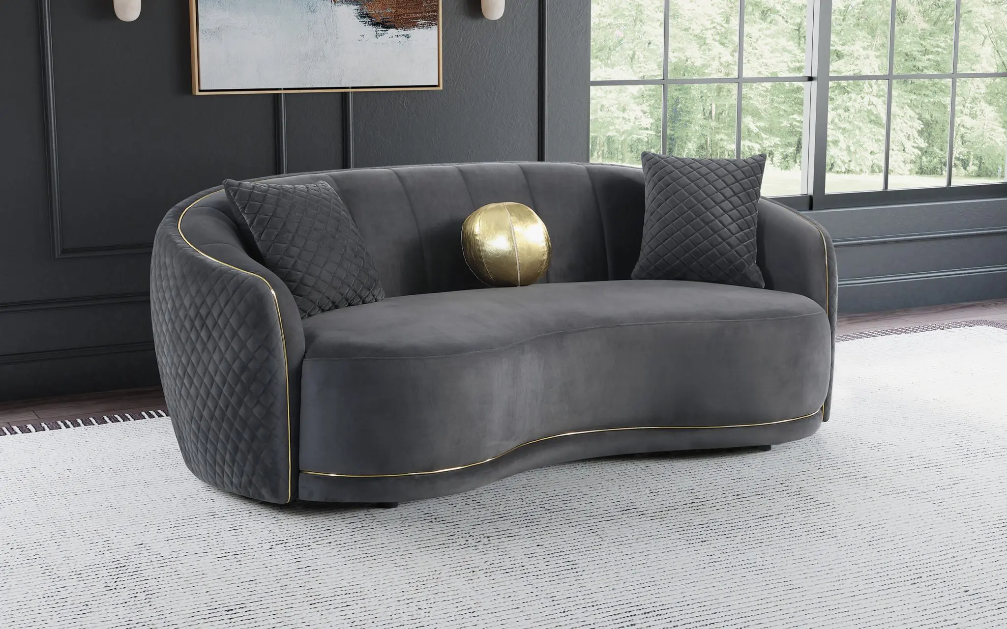 Brookside Velvet Curved Sofa Dark Grey