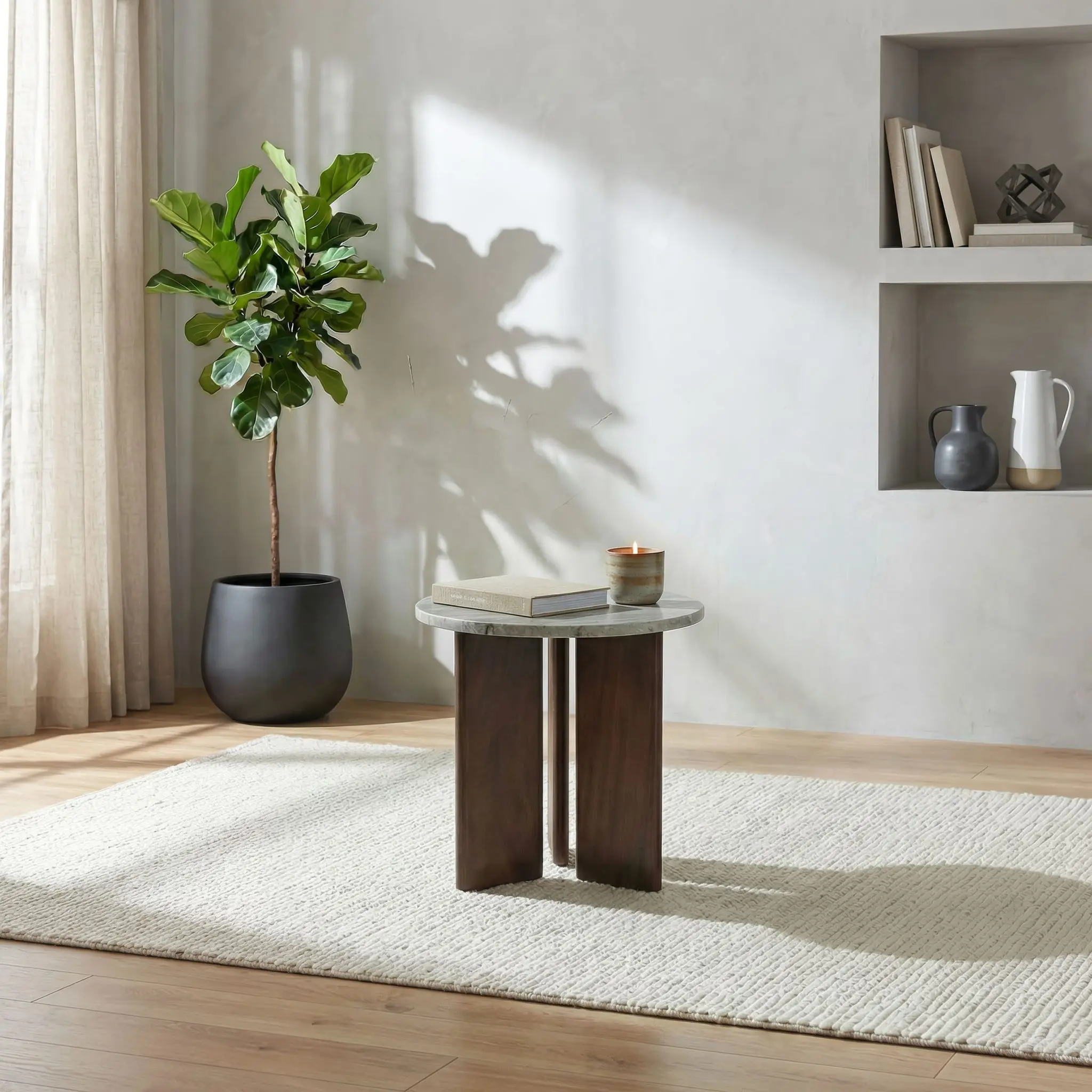 Jenna Round Marble Top Side End Table Brown