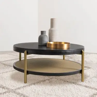 Arini Round Coffee and End Table with Rattan Shelf Black