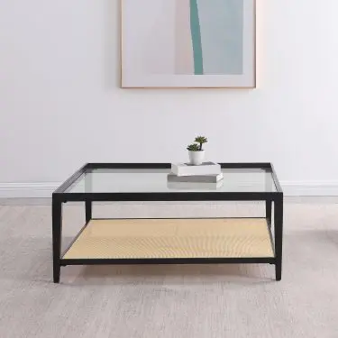 Amherst Glass Top Coffee Table with Cane Shelf Black