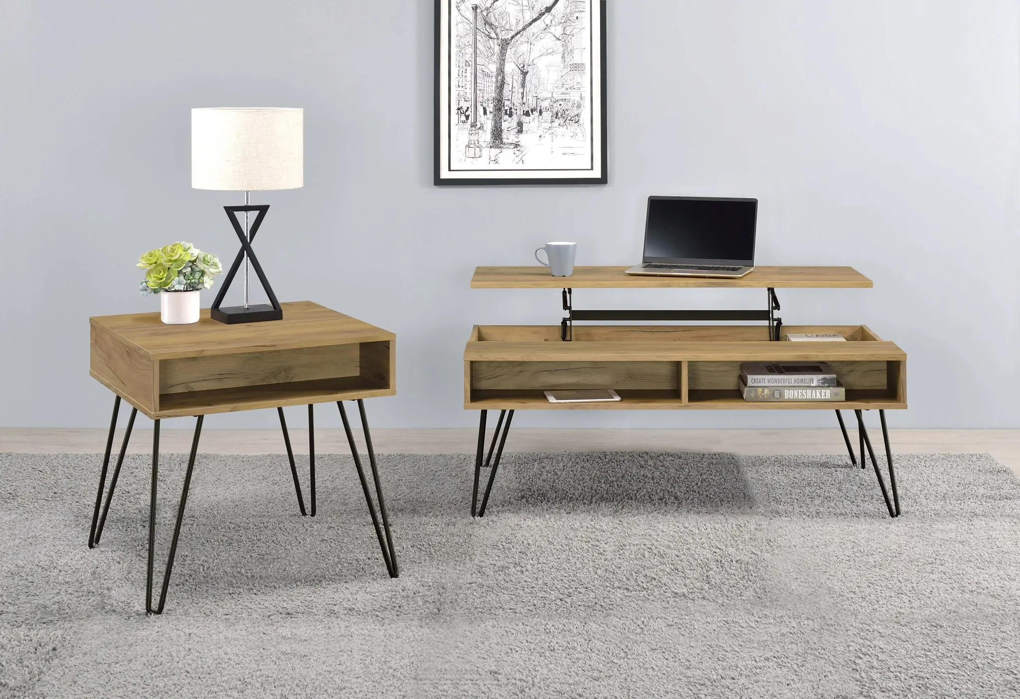 Fanning Lift-Top Coffee and End Table Golden Oak - Image 6