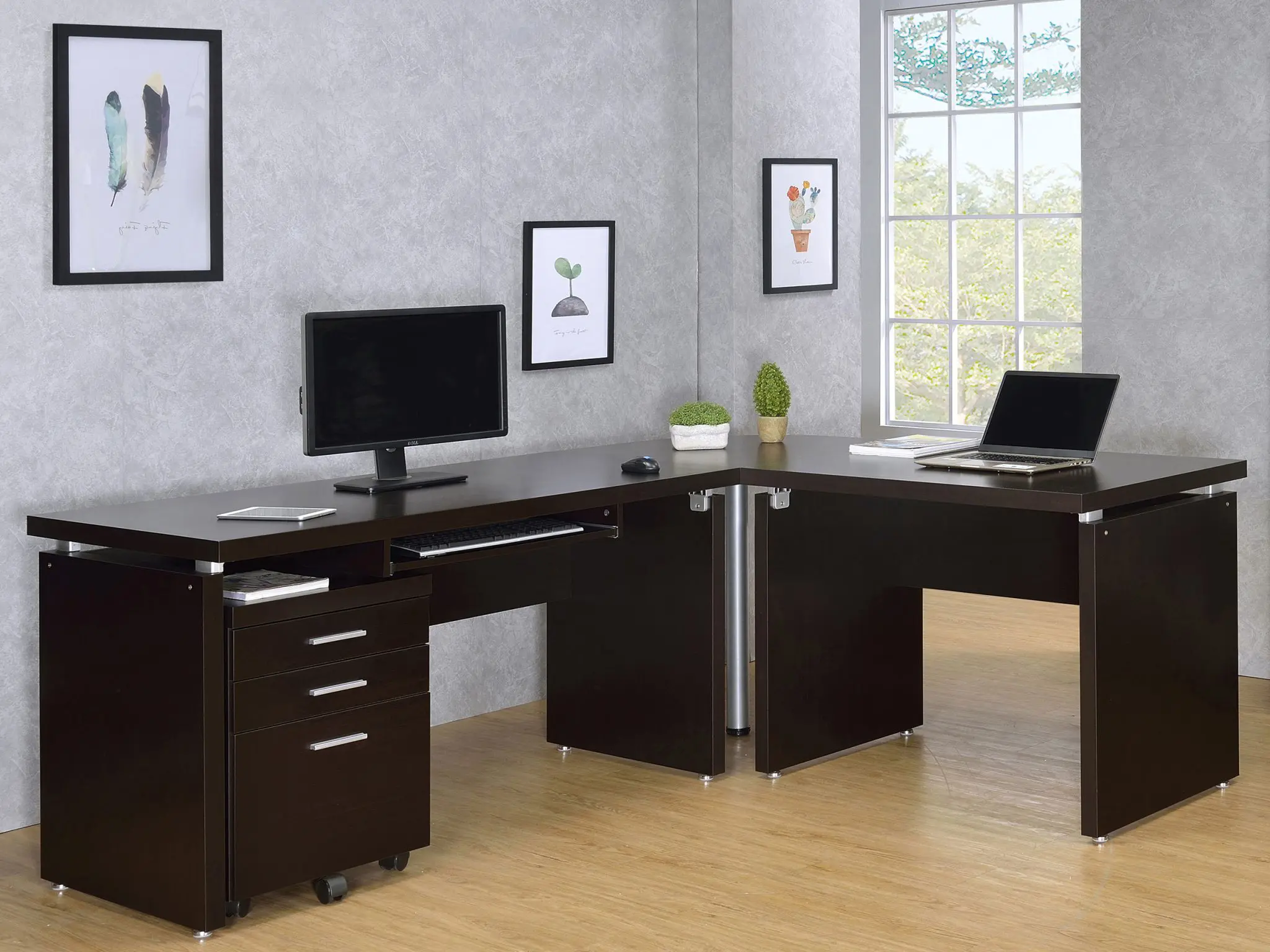 Skylar L-Shape Desk Set with Mobile File Cabinet Cappuccino