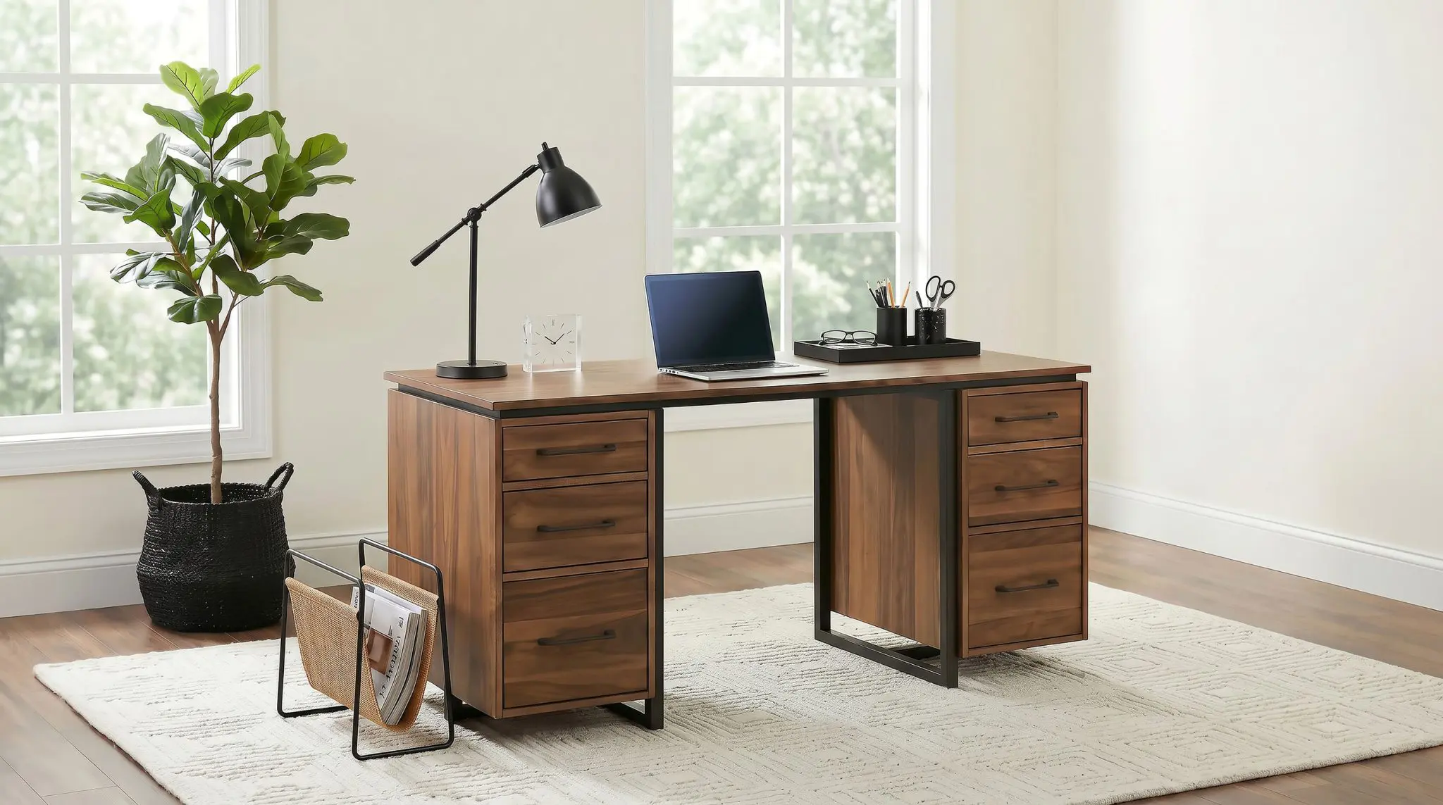 Berhalter 6-Drawer Double Pedestal Desk Walnut