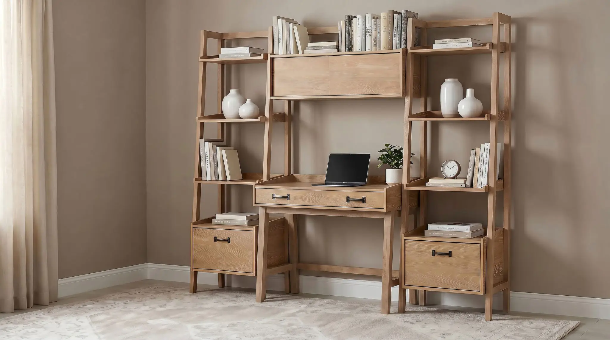 Fabian 4-Piece Desk and Bookshelf Set Distressed Light Brown