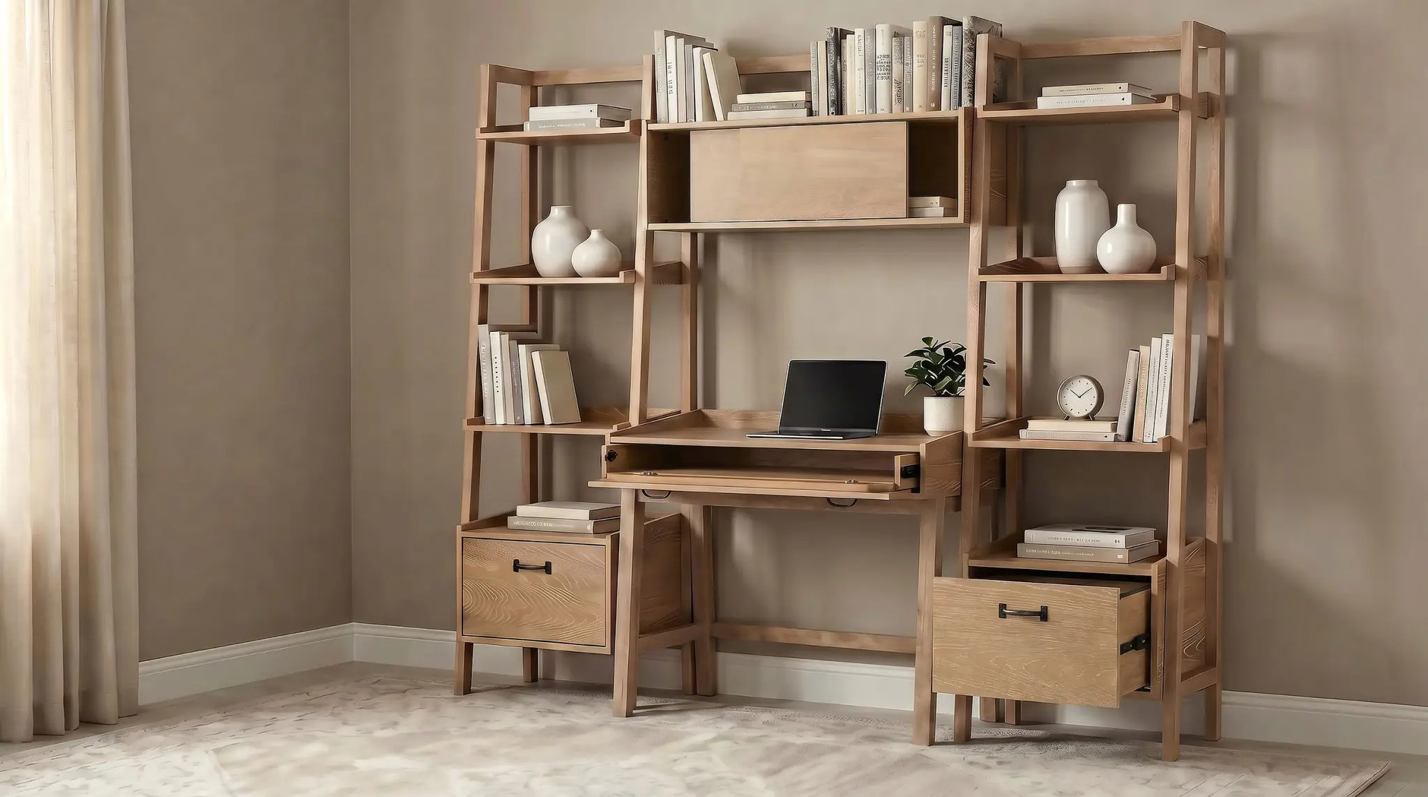 Fabian 4-Piece Desk and Bookshelf Set Distressed Light Brown - Image 2