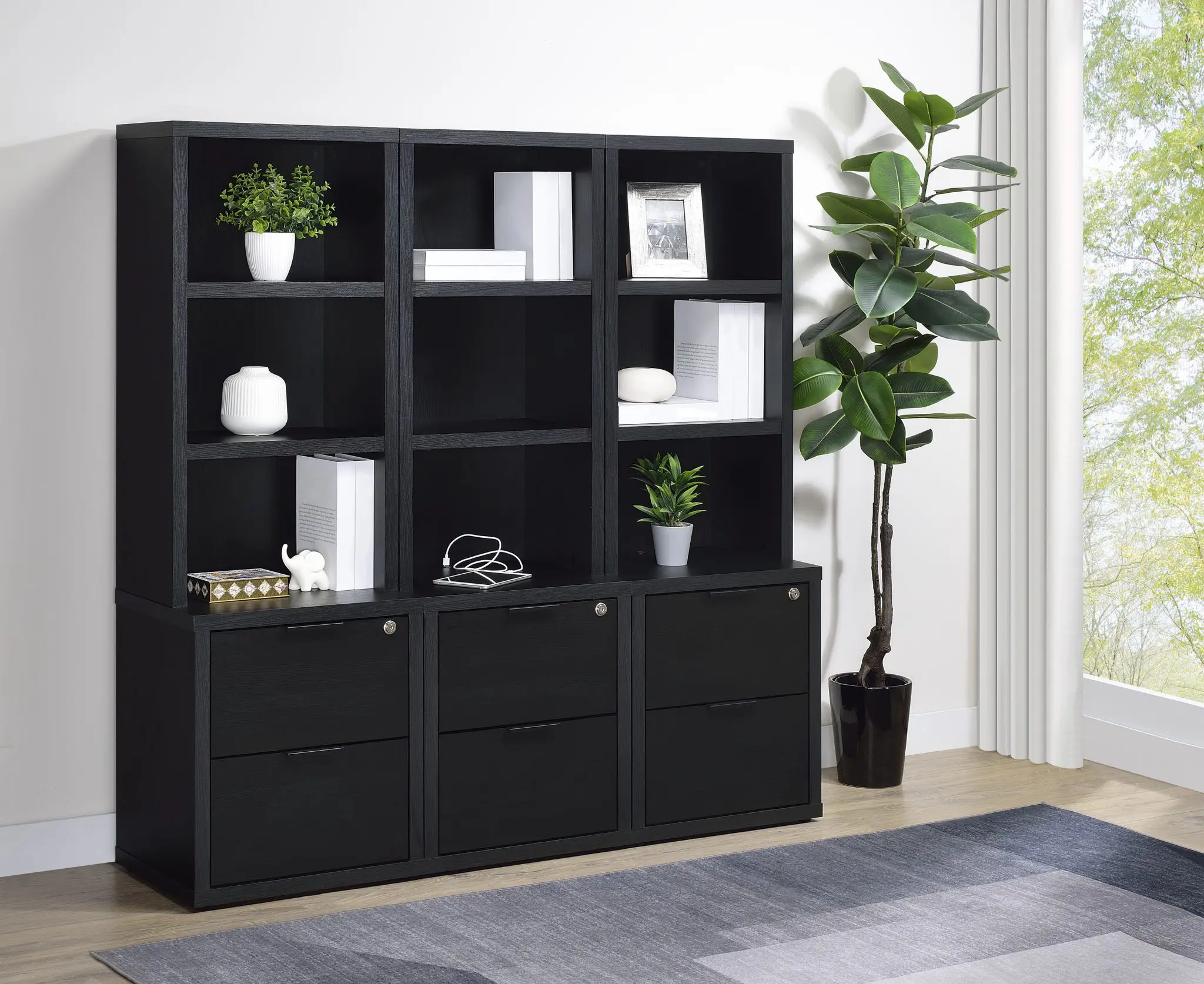 Westpark 3-Shelf Bookcase Set of 3 with USB and Lockable Drawer Black
