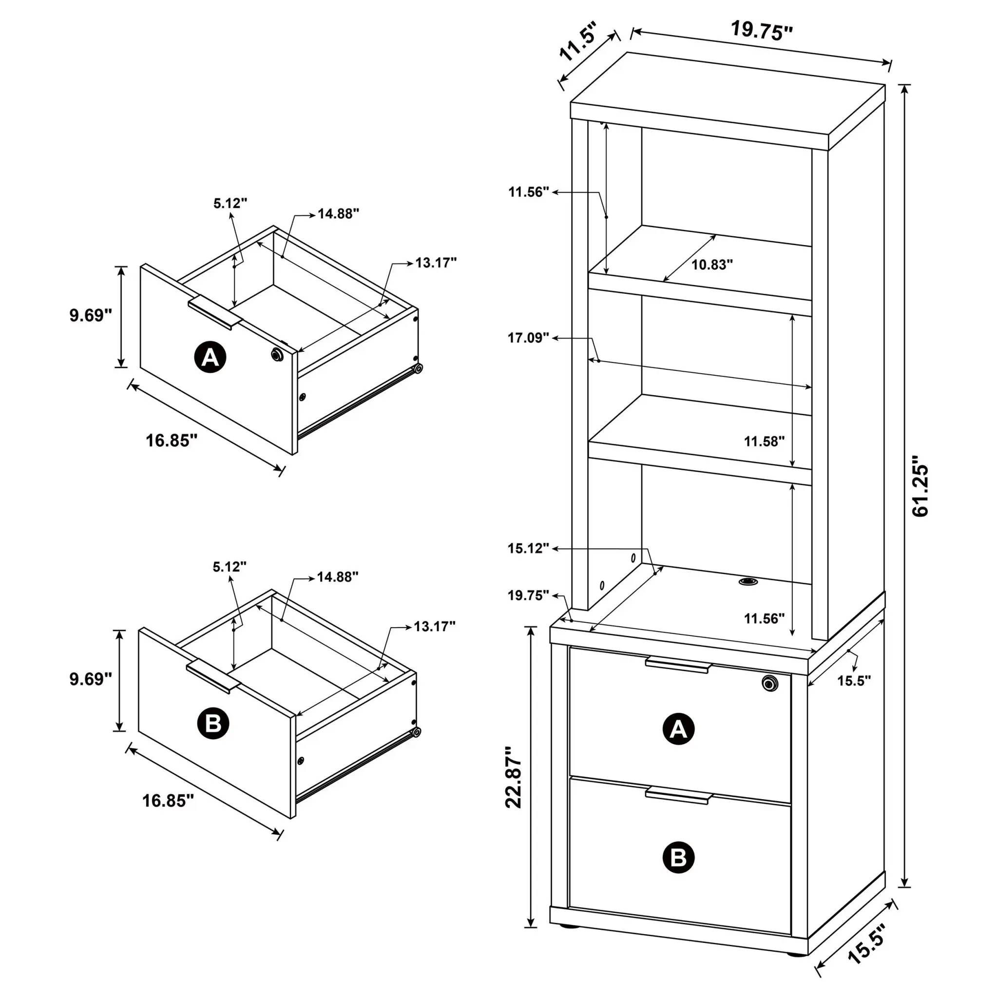Westpark 3-Shelf Bookcase Set of 3 with USB and Lockable Drawer Black - Image 14
