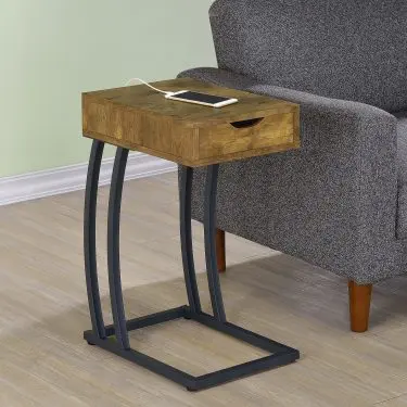 Troy C-Shaped Side Table with Drawer and Power Outlet Rustic Nutmeg