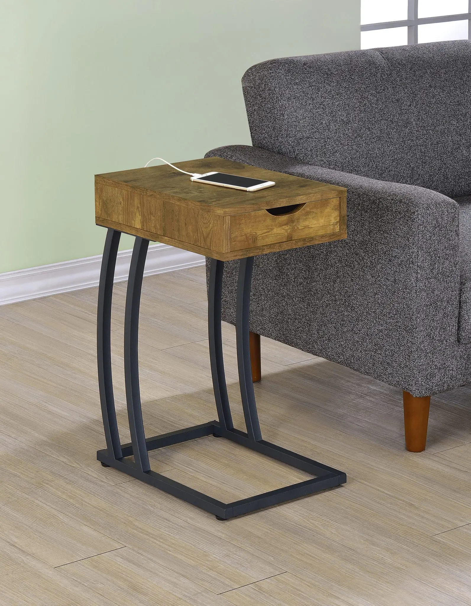 Troy C-Shaped Side Table with Drawer and Power Outlet Rustic Nutmeg
