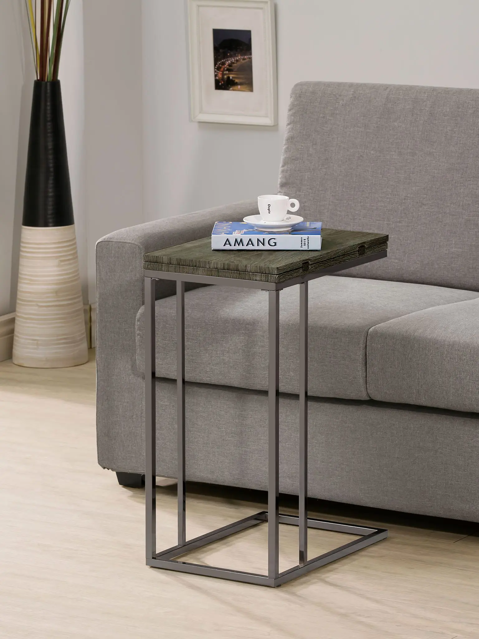Pedro Expandable C-Shaped Sofa Side Table Weathered Grey