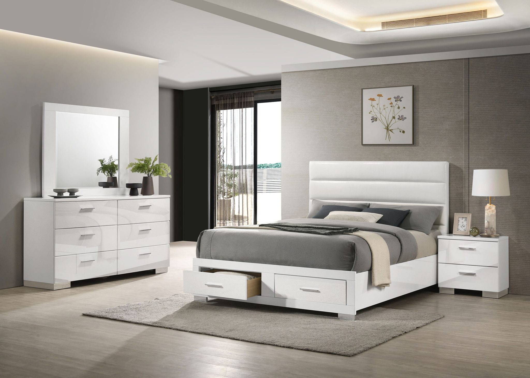 Felicity Storage Platform Bedroom Set White High Gloss