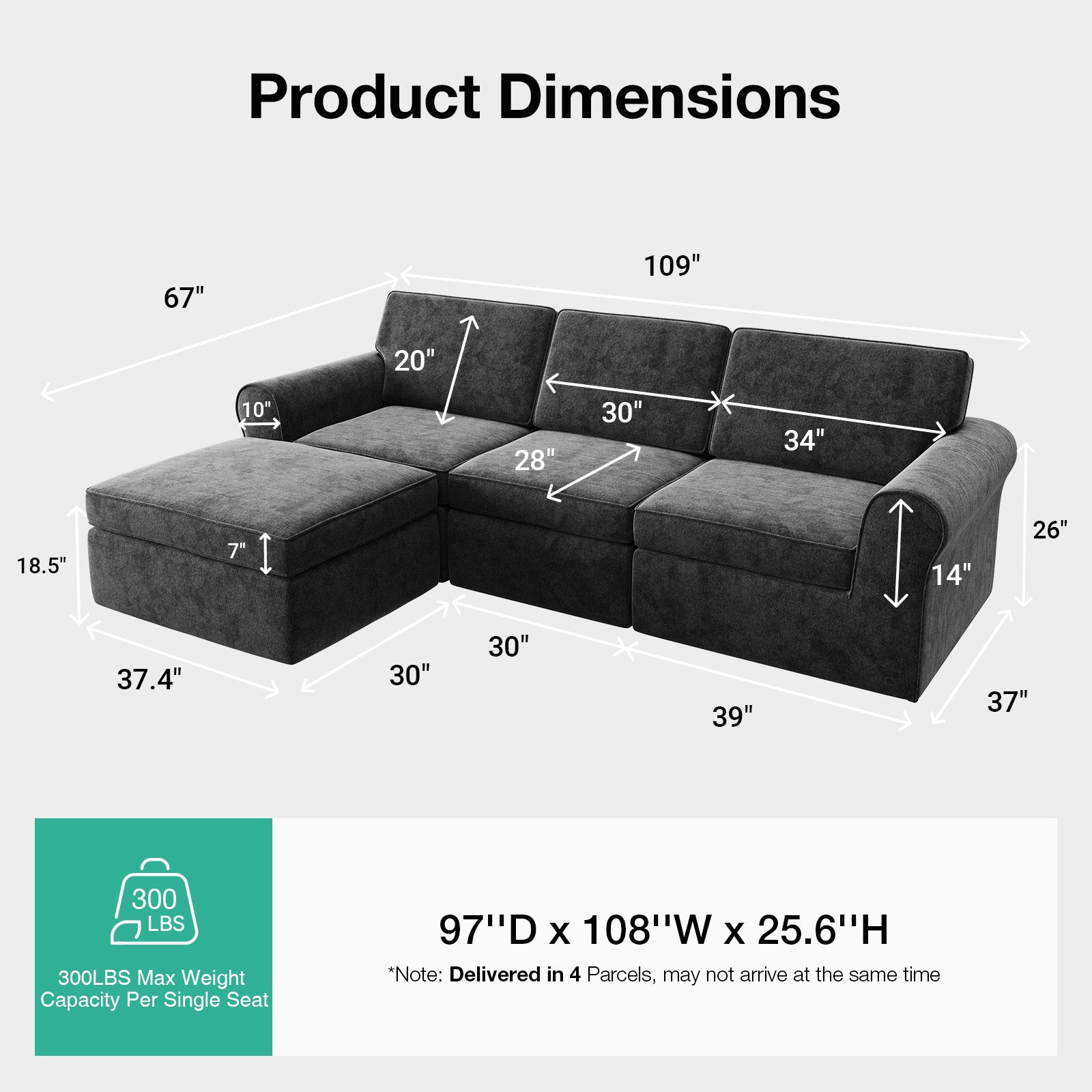 ComfyRoll Chenille Modular Sectional Sofa - Dark Gray - Image 3