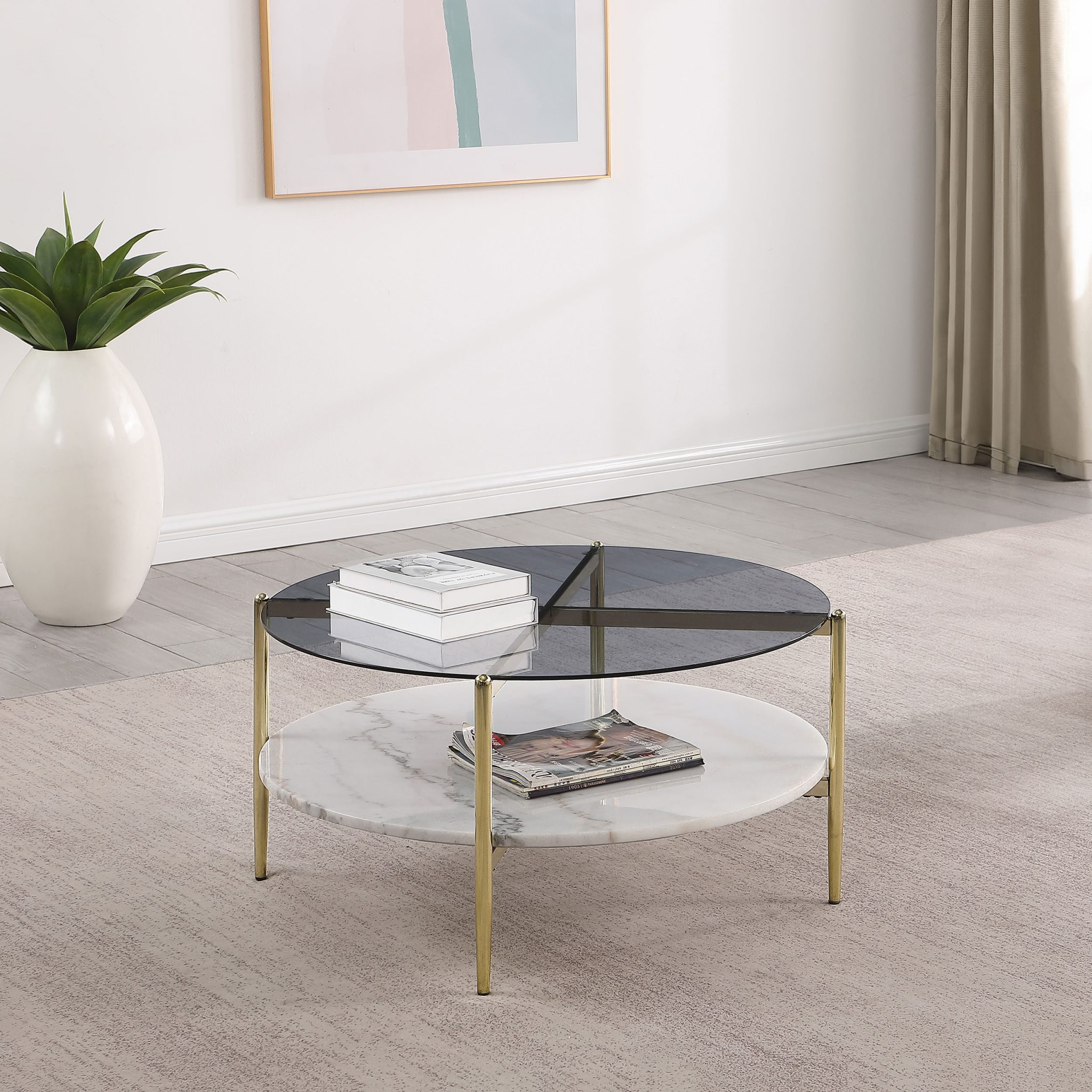 Jonelle Marble Top Coffee and End Table White and Gunmetal