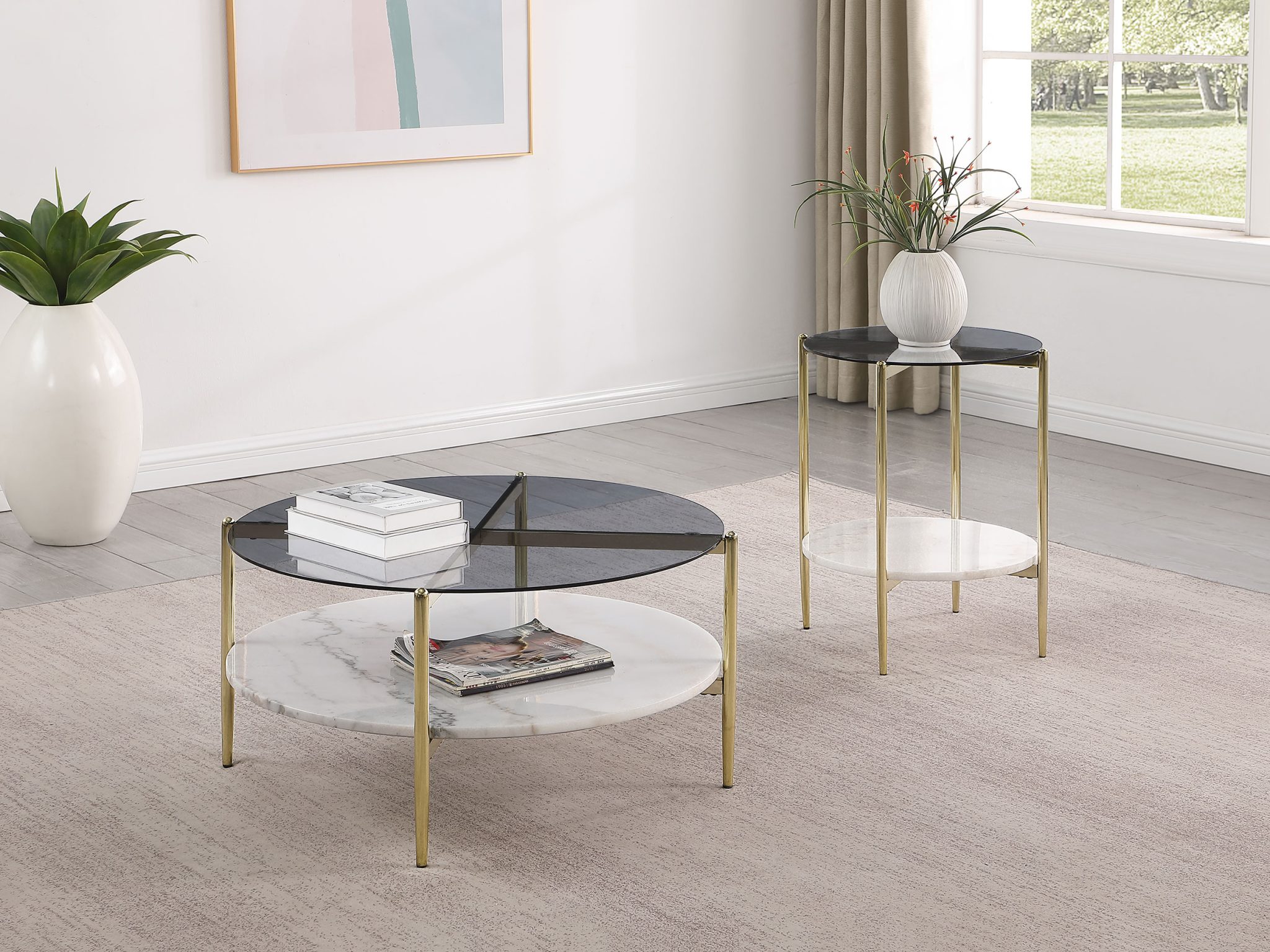 Jonelle Marble Top Coffee and End Table White and Gunmetal - Image 9