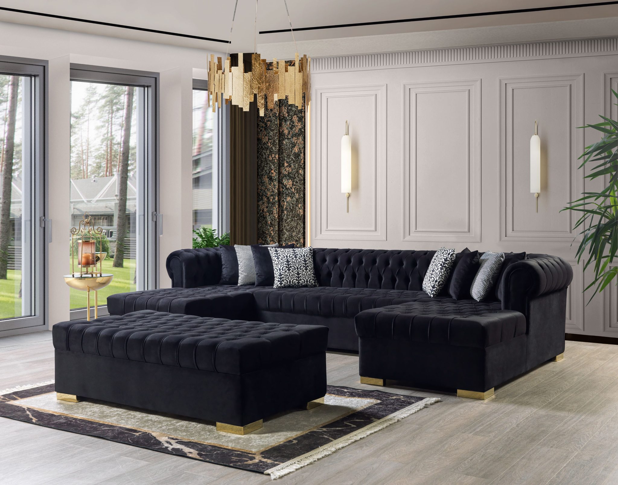 Lauren Black Velvet Double Chaise 136" Sectional - Image 4