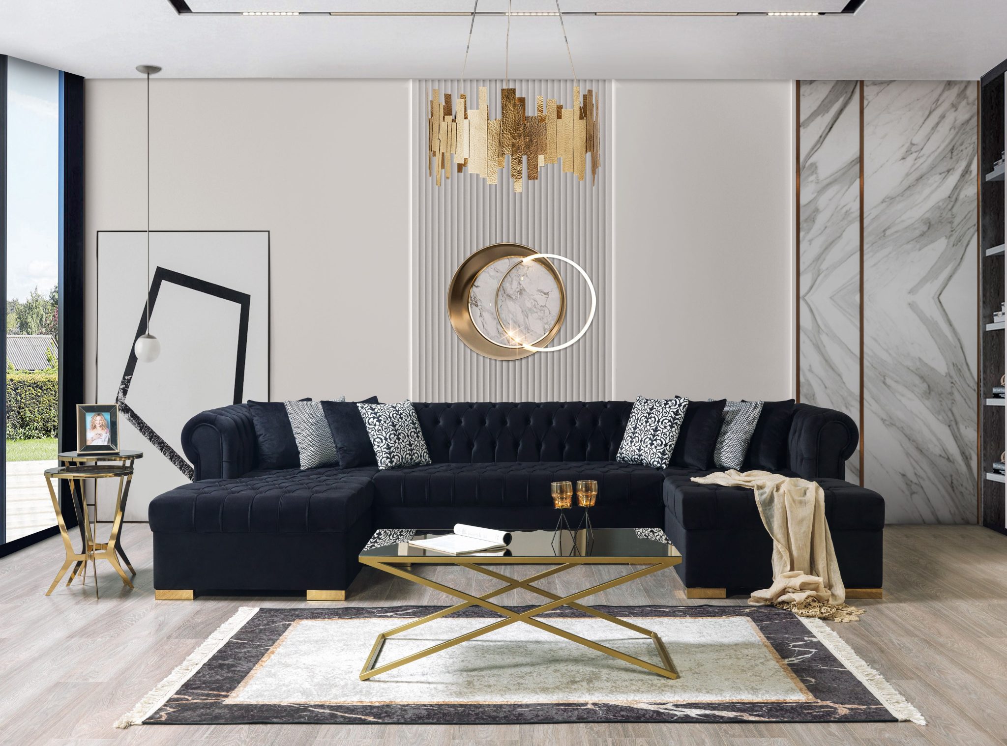 Lauren Black Velvet Double Chaise 136" Sectional - Image 3
