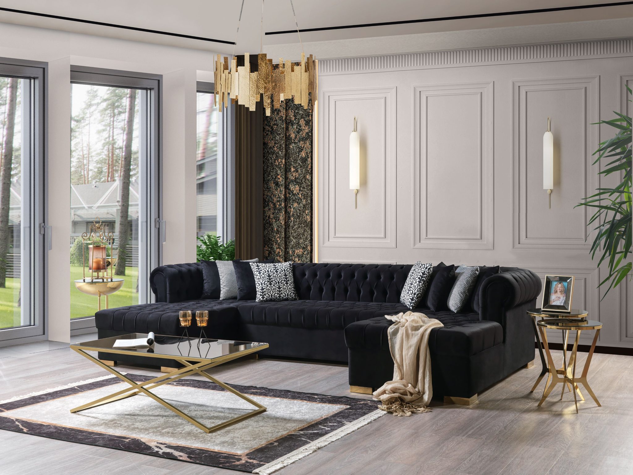 Lauren Black Velvet Double Chaise 136" Sectional - Image 2