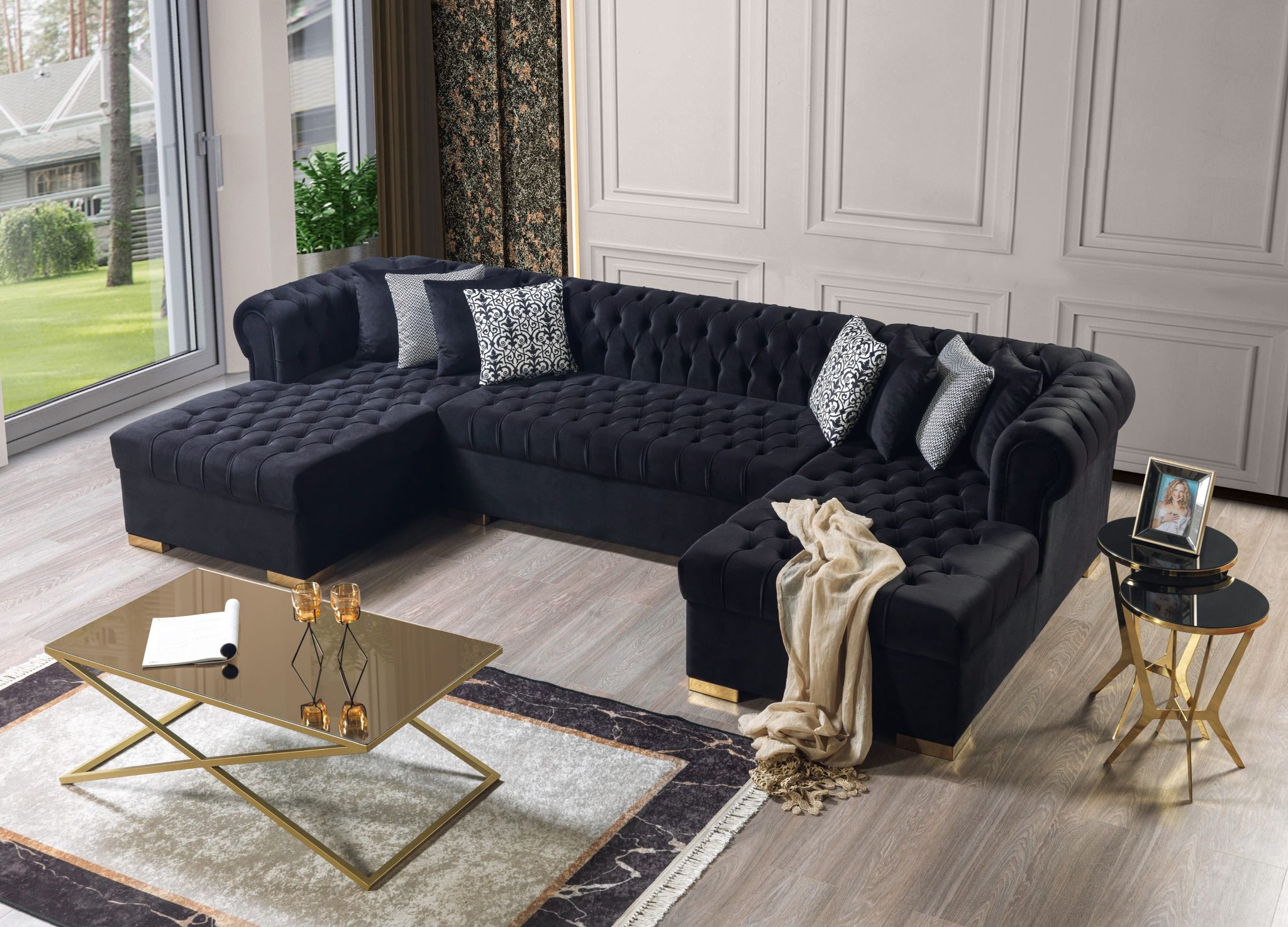 Lauren Black Velvet Double Chaise 136" Sectional - Image 6