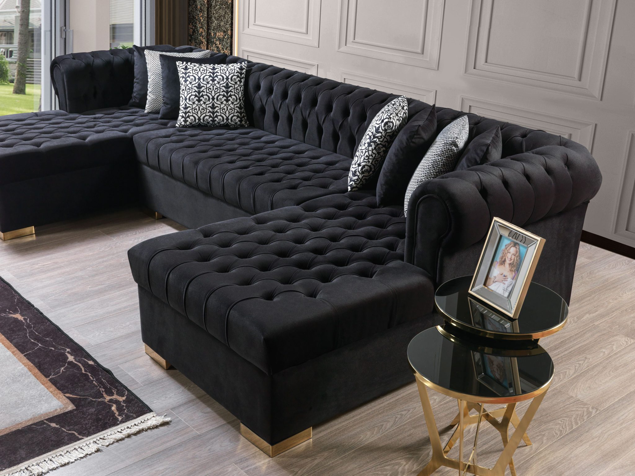 Lauren Black Velvet Double Chaise 136" Sectional - Image 9