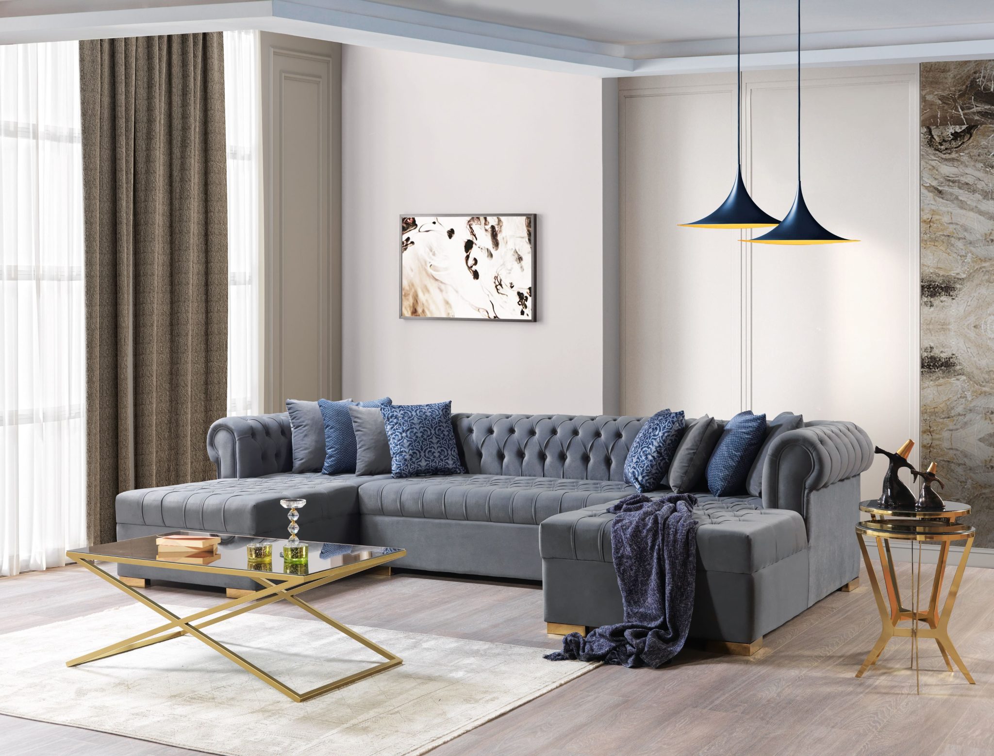 Lauren Gray Velvet Double Chaise 136" Sectional - Image 2