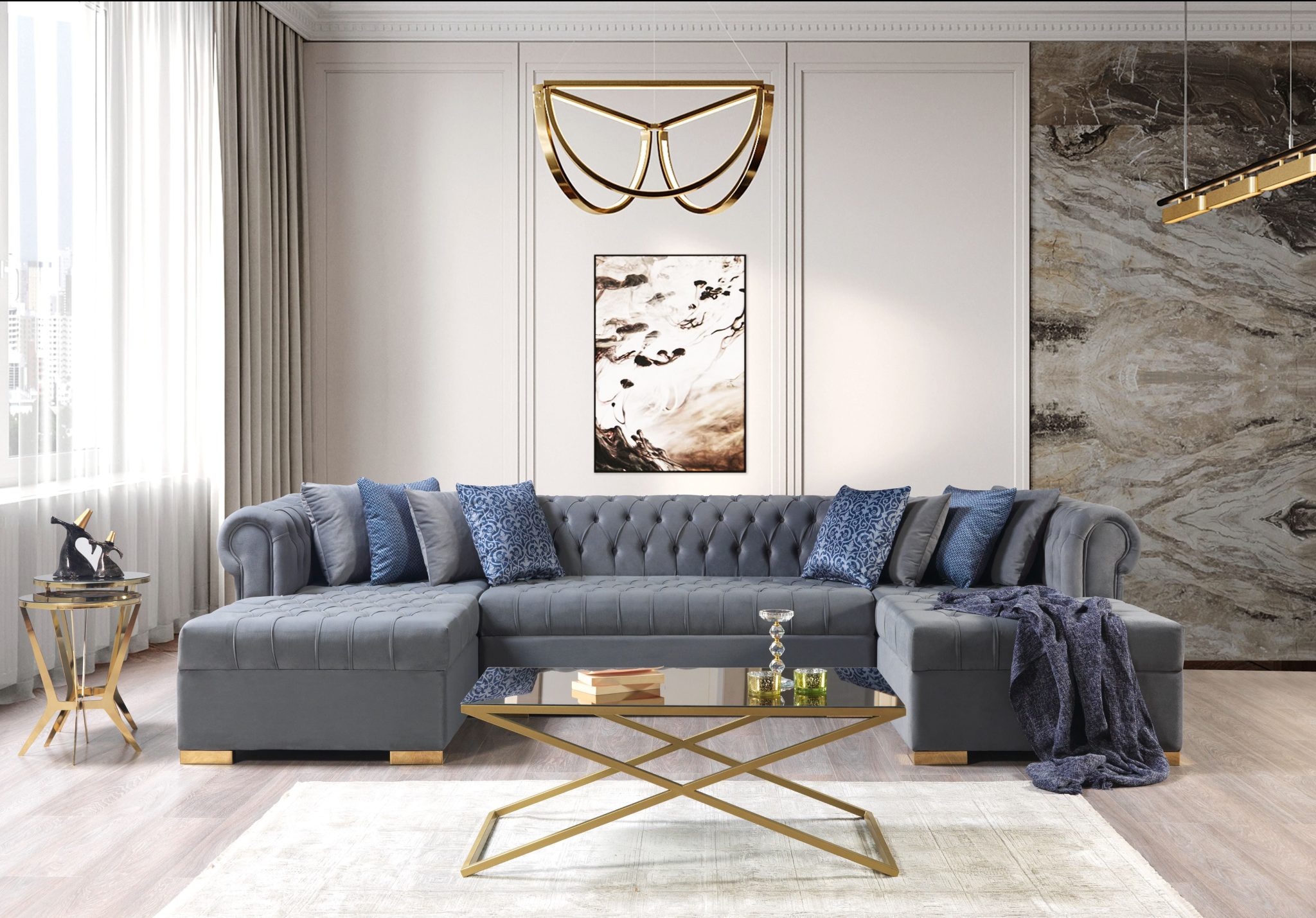 Lauren Gray Velvet Double Chaise 136" Sectional - Image 3