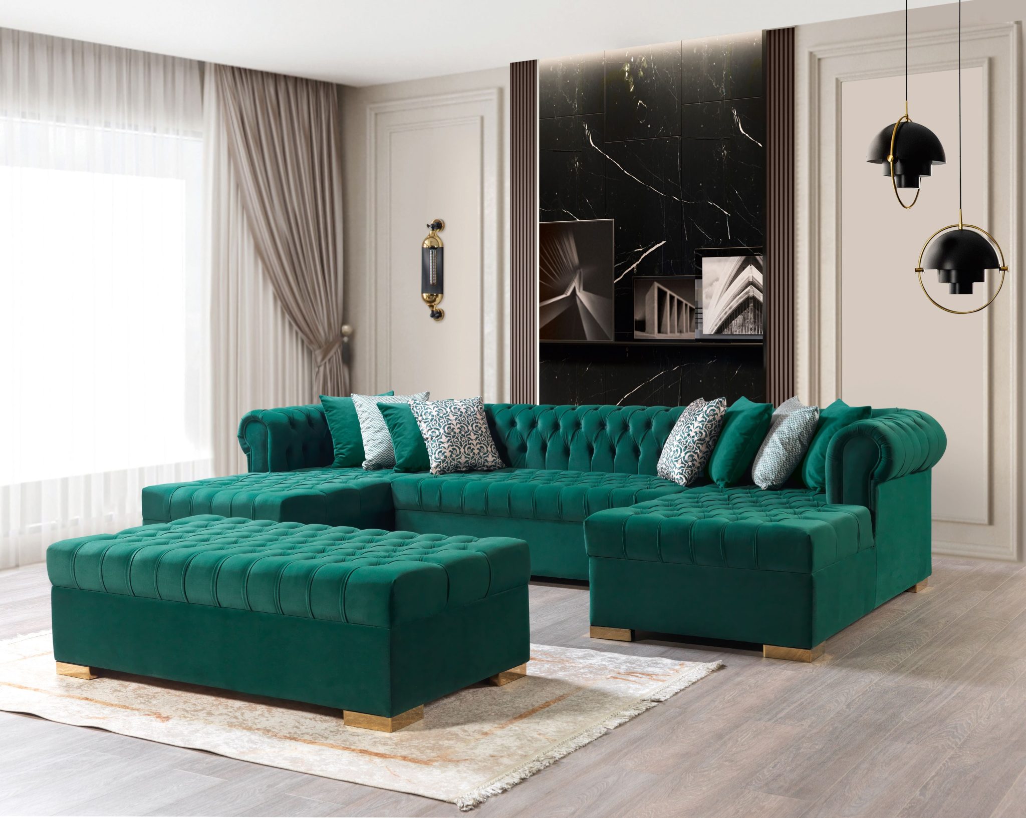 Lauren Green Velvet Double Chaise 136" Sectional - Image 4