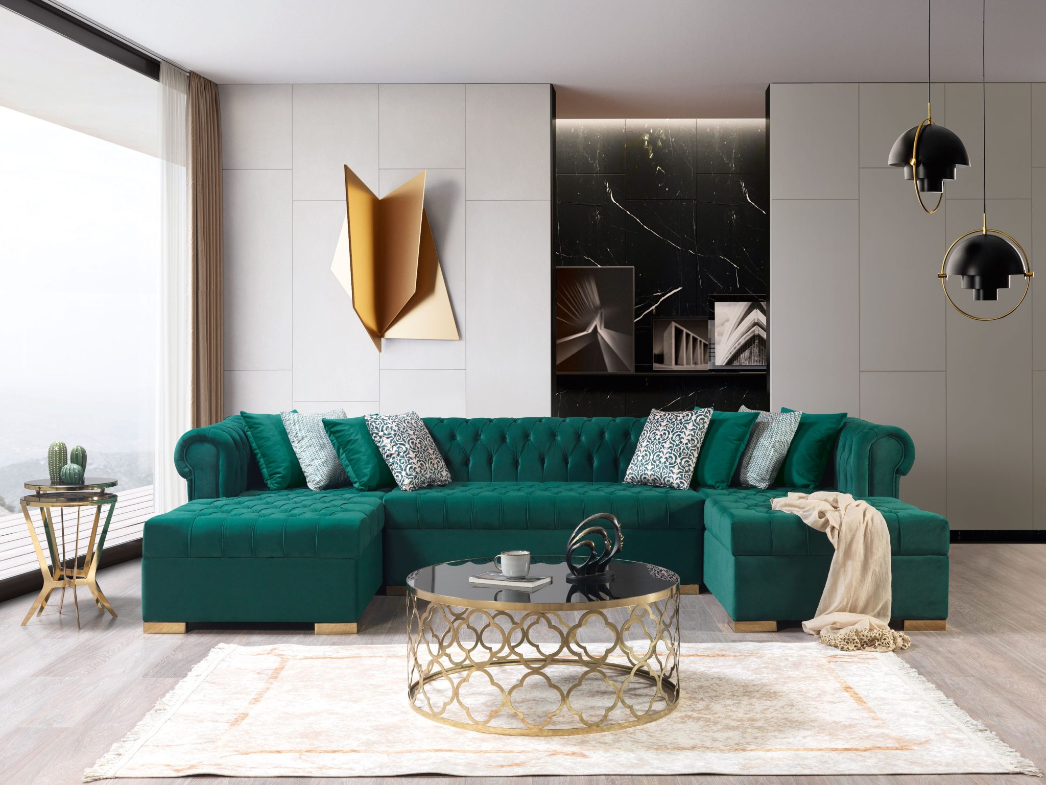 Lauren Green Velvet Double Chaise 136" Sectional - Image 3