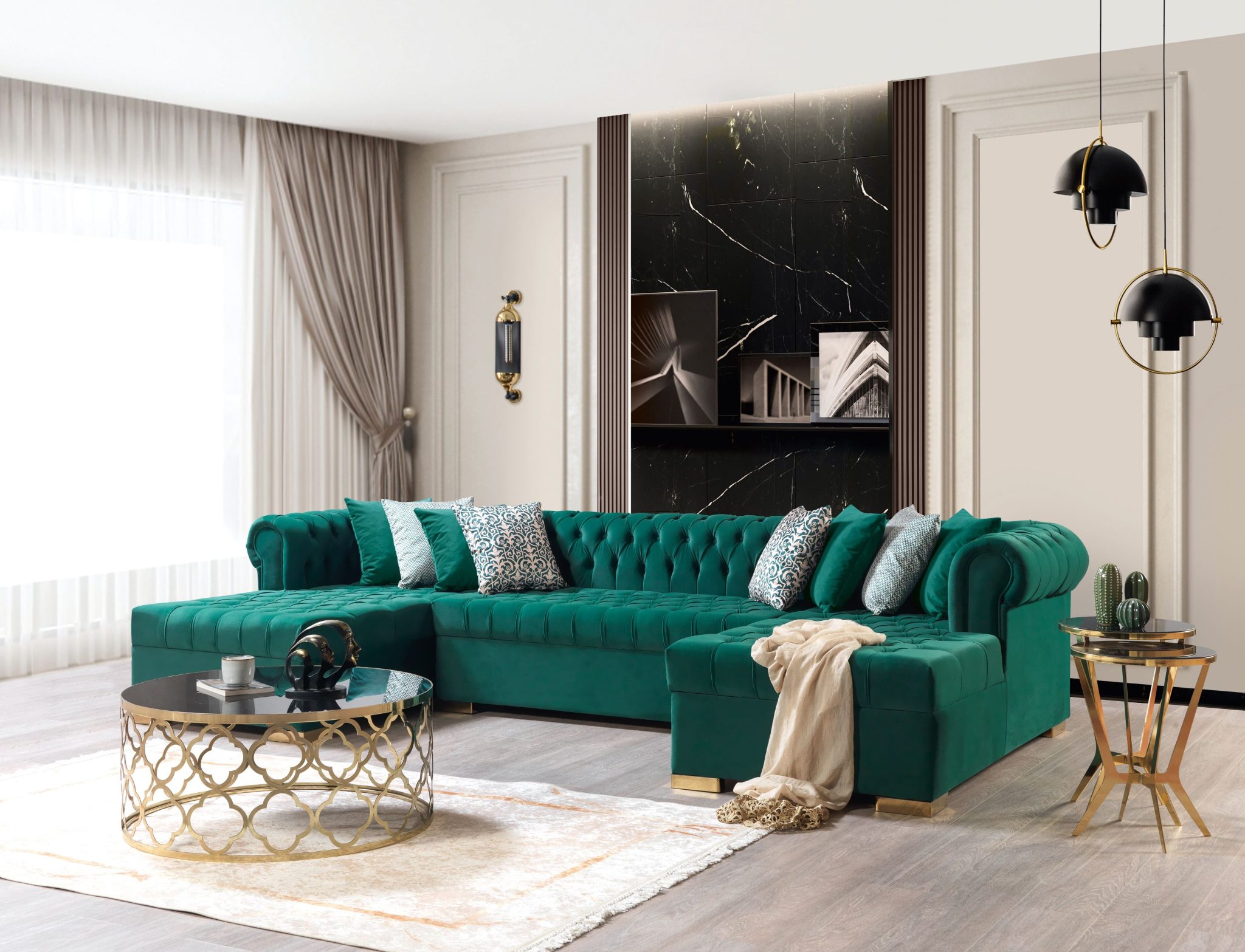 Lauren Green Velvet Double Chaise 136" Sectional - Image 2