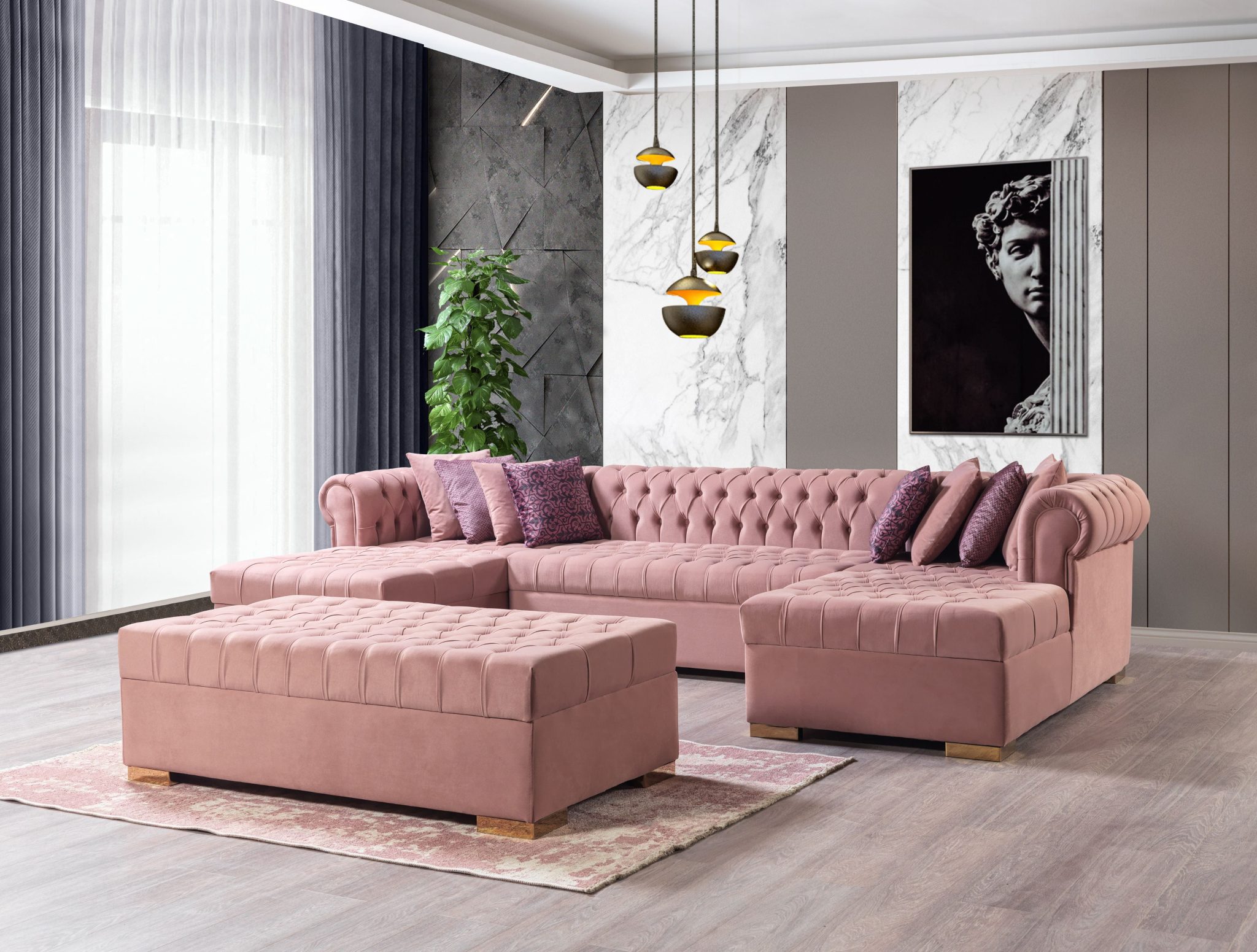 Lauren Pink Velvet Double Chaise 136" Sectional - Image 4