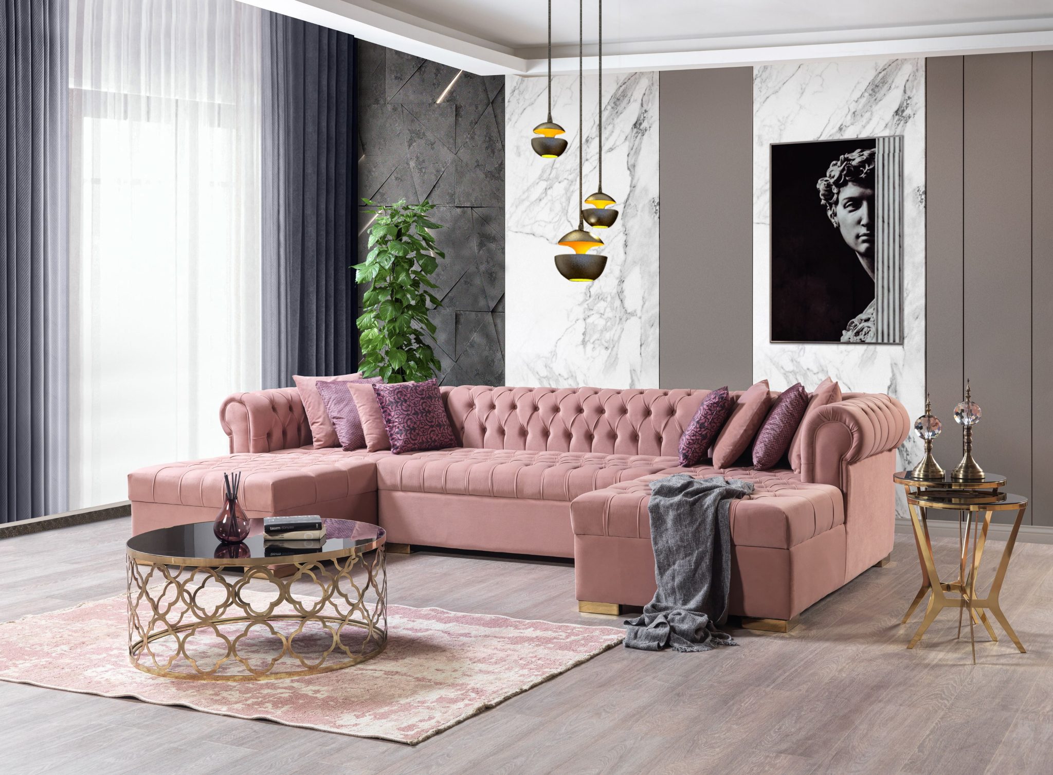 Lauren Pink Velvet Double Chaise 136" Sectional - Image 2