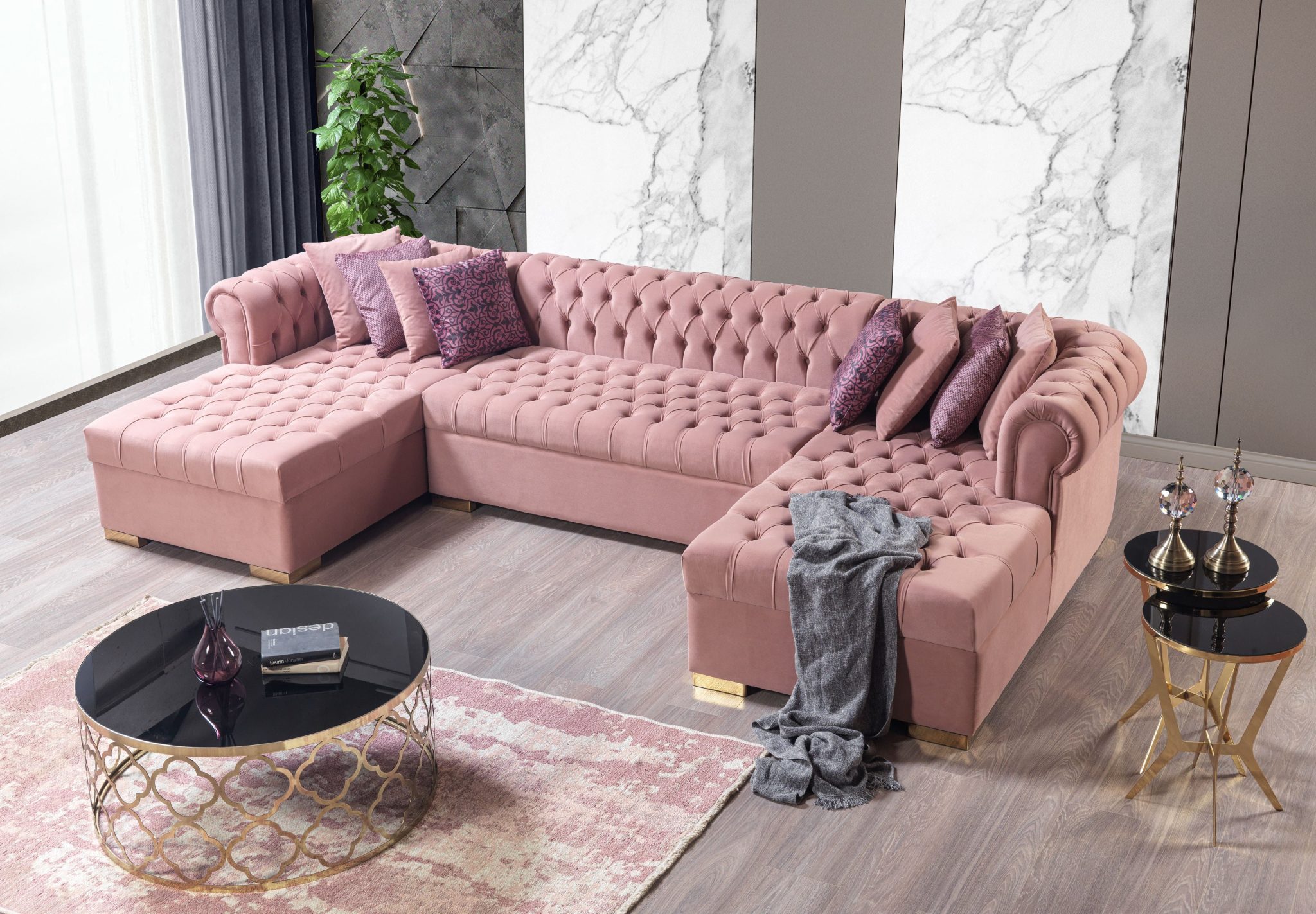 Lauren Pink Velvet Double Chaise 136" Sectional - Image 6