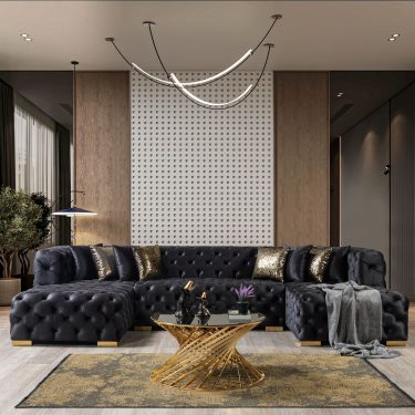 Neva Black Velvet Double Chaise 138" Sectional