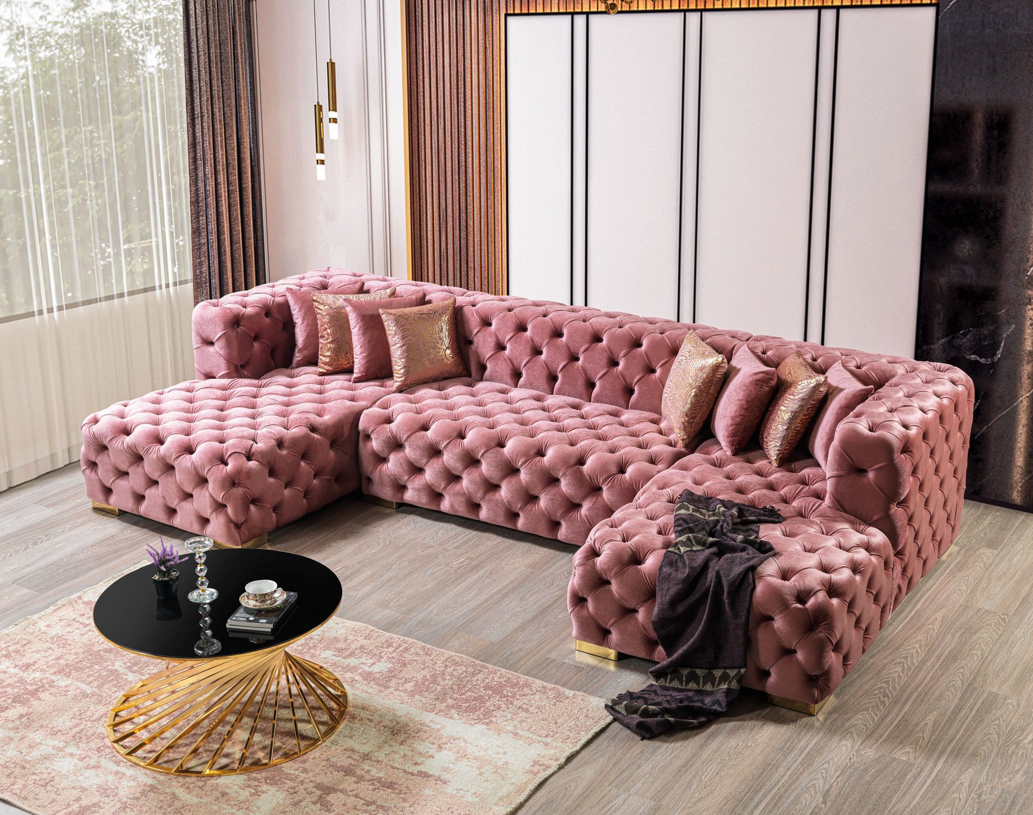 Neva Pink Velvet Double Chaise 138" Sectional - Image 3