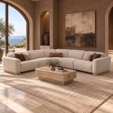 Aris Modern Beige Fabric Sectional Sofa with 3 Power Recliners