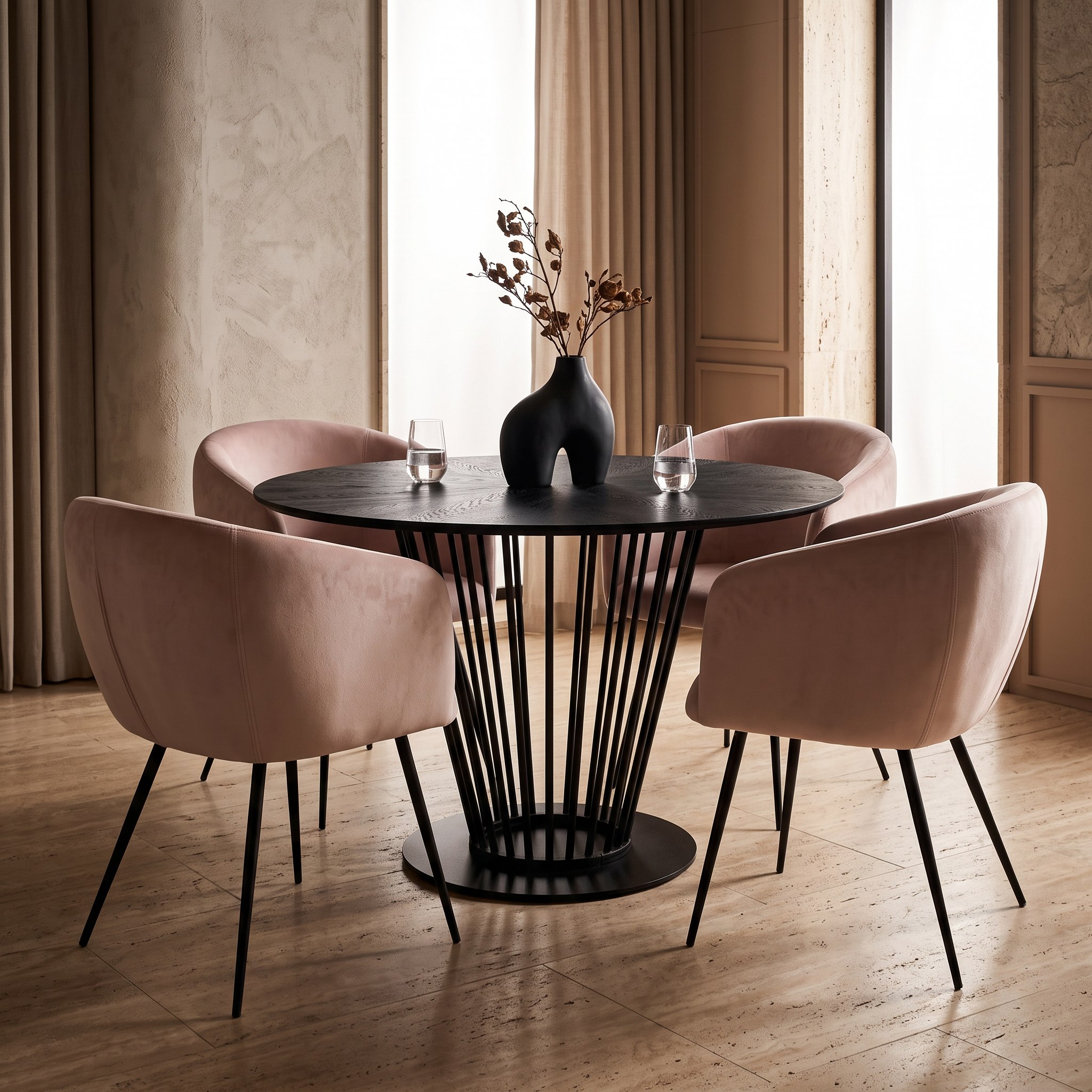 Conroy Round Black 5-Piece Dining Set with Pink Velvet Chairs - Image 2